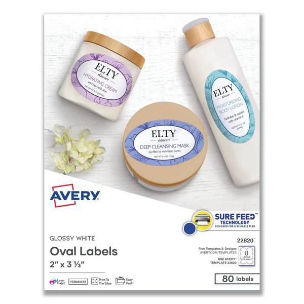 Avery Dennison Oval Label, 2x31/3, Gloss White, PK80 22820